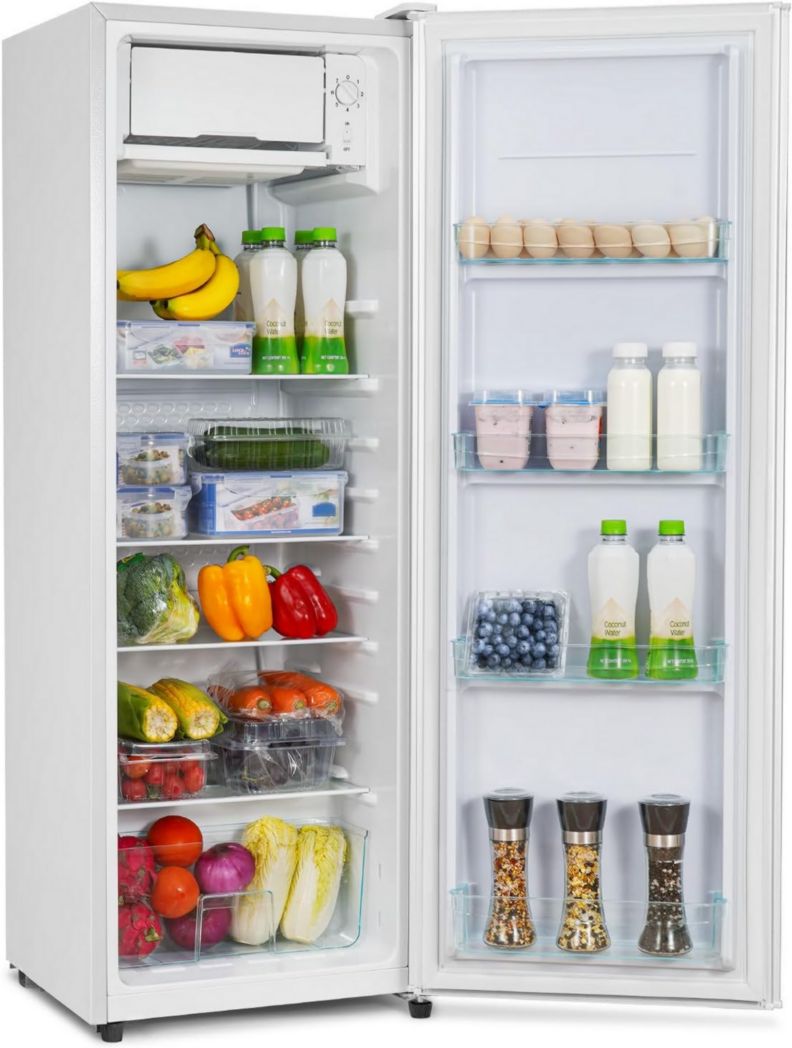 Frigorífico CURECURE con microcongelador, capacidad de 138 L, compartimento frigorífico de 133 L, compartimento congelador de 5 L, 4 estantes de cristal, cajón para verduras, control de temperatura, función de enfriamiento rápido.