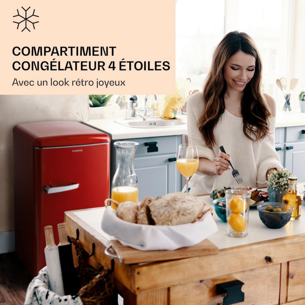 KLARSTEIN Laika - Congelador, volumen total 60 litros, termostato de 5 niveles, de 0 a -18 °C, 3 estantes, independiente, diseño retro - rojo