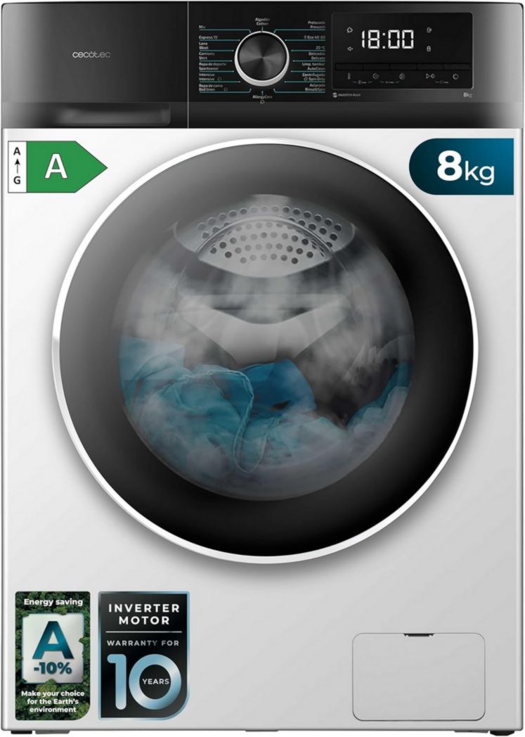 Cecotec Bolero Dresscode 10500 Inverter Acero A. Lavadora 10 kg Acero, 1400 rpm, Motor Inverter Plus, Vapor, Clase A.