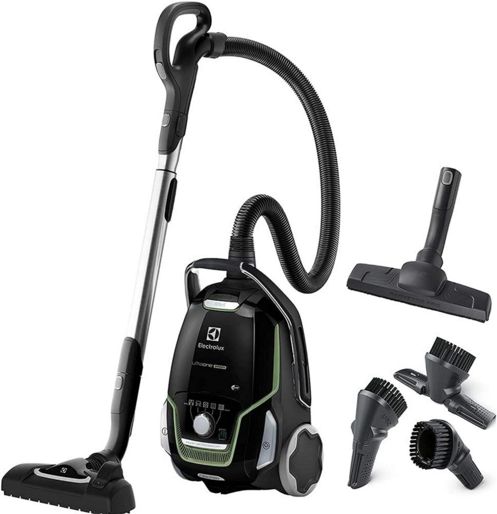 Electrolux UltraOne, Aspiradora cilíndrica con bolsa, Ultrasilenciosa (65 dB), 2 bolsas incluidas, Succión potente, Mango ergonómico, Ecológica (70 % plástico reciclado), EUO9GREEN, Negra