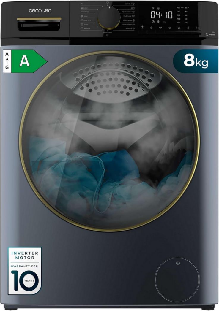 Lavadora Cecotec Bolero DressCode 8610 Inverter Steel A de 8 kg. Carga frontal, 1400 rpm, SteamMax, motor Inverter Plus, 15 programas, OnSmart, Stop&Go, DrumClean y revestimiento antibacteriano.