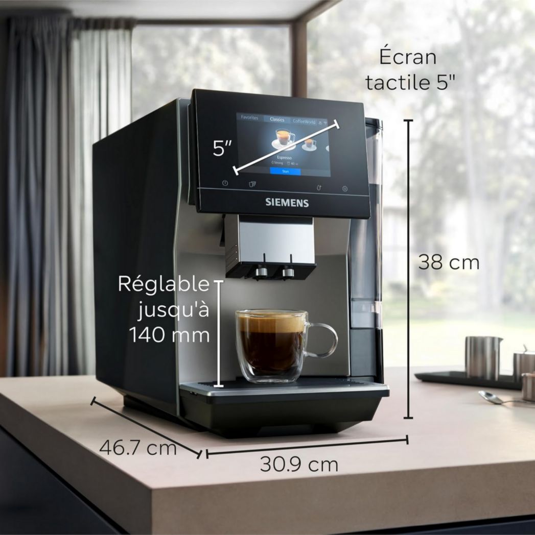 SIEMENS, cafetera de café en grano totalmente automática, EQ700, pantalla iSelect, coffeeWorld, con Cold Brew y Slow Brew, capuchino, Home Connect, gris antracita, TP715R01 classic
