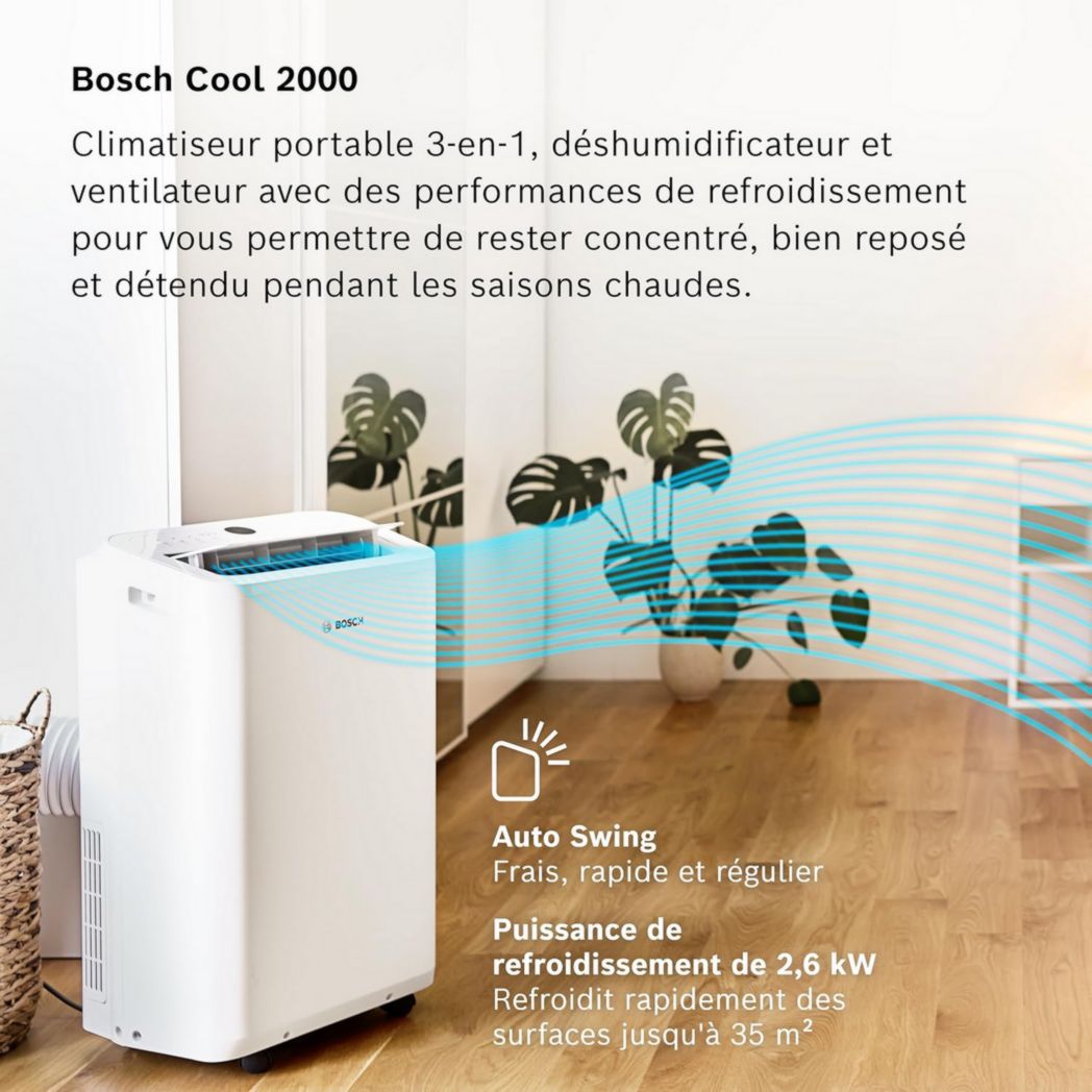 Aire acondicionado portátil Bosch Cool 2000 - 3 en 1: Aire acondicionado, deshumidificador, ventilador - Bomba de calor de 2,6 kW para habitaciones de hasta 35 m² - Con modos automático, silencioso y de suspensión