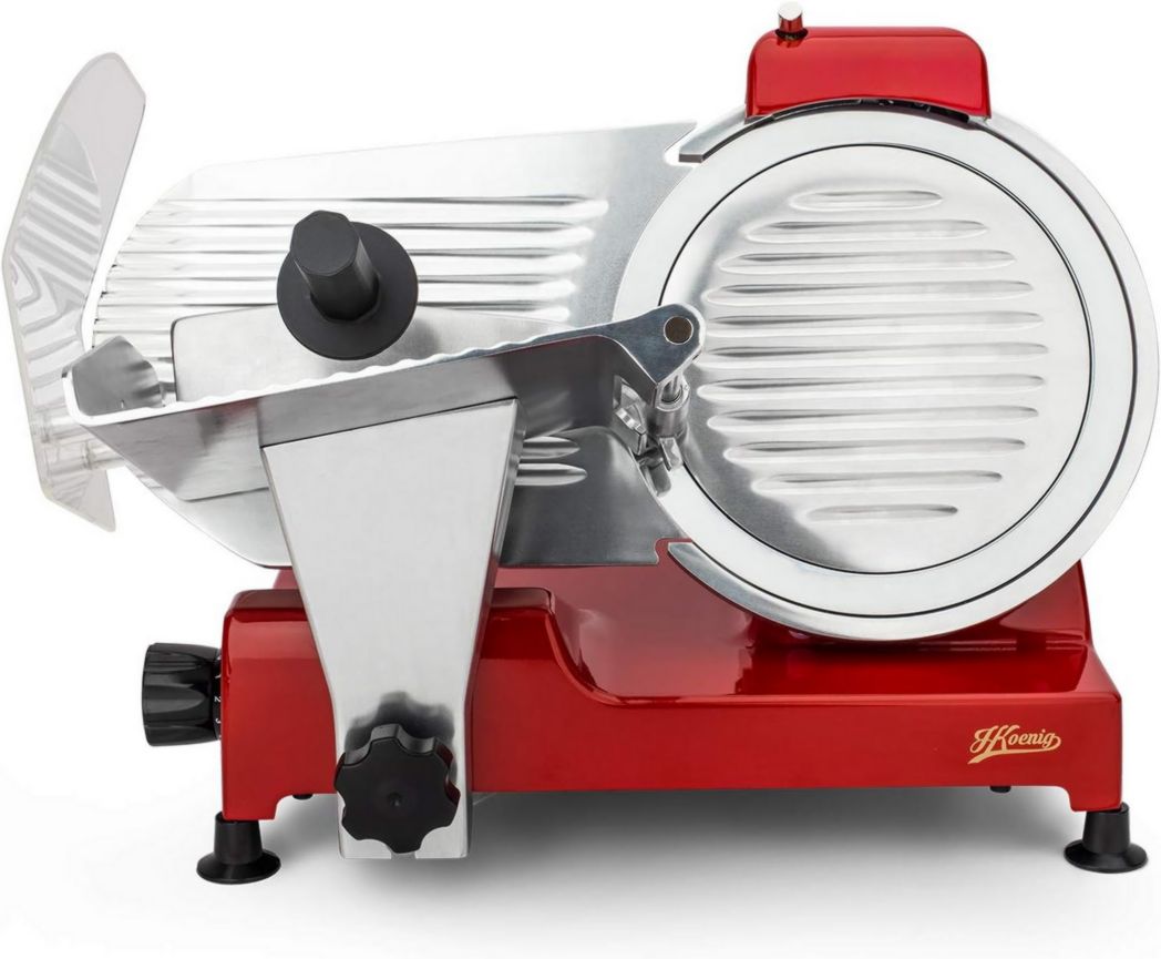 Cortadora de fiambre eléctrica H.Koenig MSX254, para fiambres, profesional, precisa, diámetro de corte de 0 a 12 mm, cuchilla de 25 cm, afilador integrado, bandeja grande, 282 RPM, color rojo
