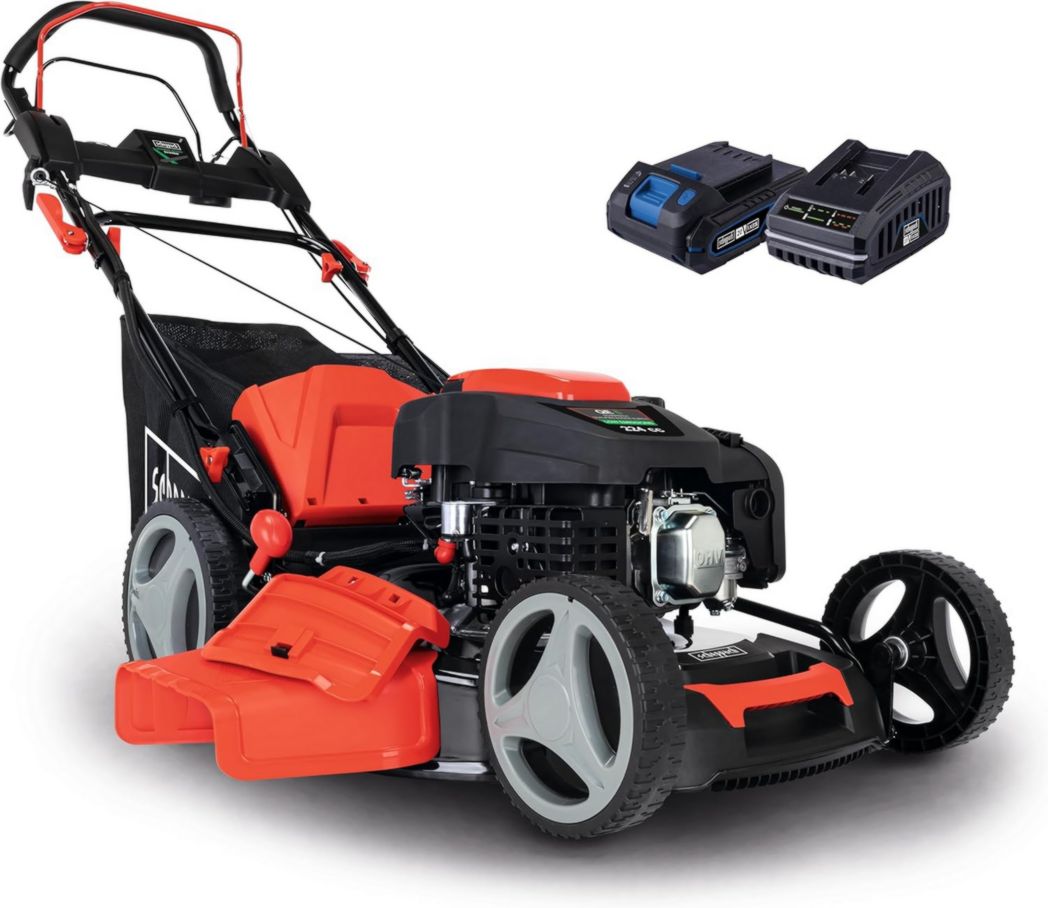 Cortacésped híbrido Scheppach MS225-53E – Motor de 4 tiempos de 224 cc/6 HP – 4400 W – Ancho de corte de 53 cm – Arranque eléctrico – Recogedor de césped de 65 L – Baterías, cargador y aceite incluidos