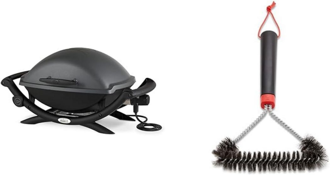 Barbacoa eléctrica Weber Q2400 con soporte y estantes laterales, superficie de cocción de 54 x 39 cm, rejilla de hierro fundido esmaltado (2 piezas), tapa y recipiente de aluminio fundido - Gris oscuro (55020053)