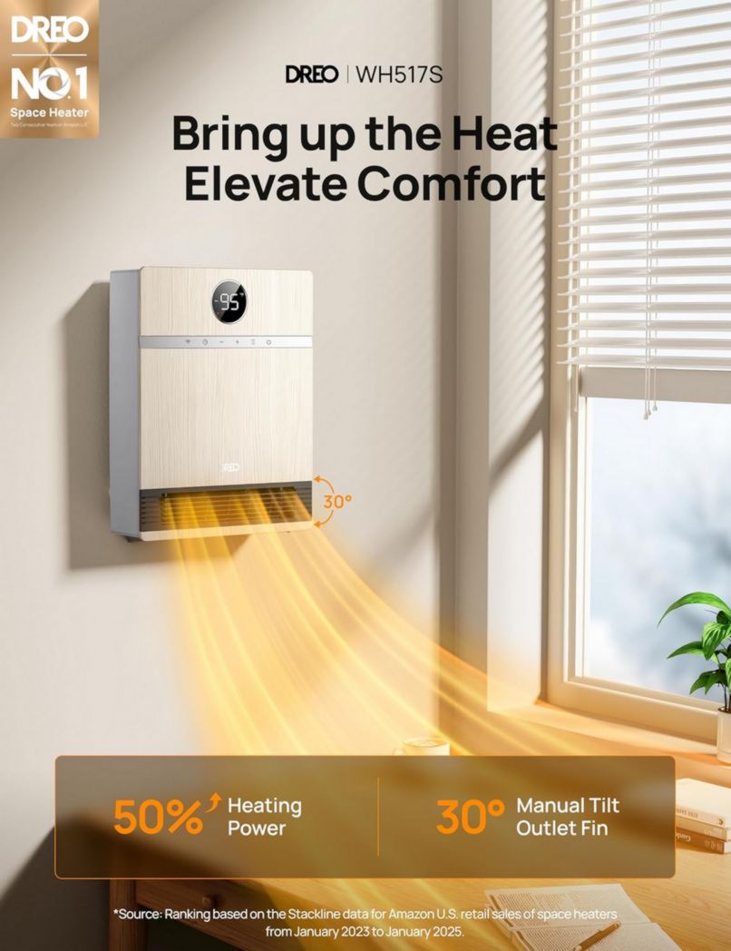Calefactor de pared inteligente Dreo - Salida de 30° - 1500W - Termostato ajustable - Control remoto - Temporizador - Fácil instalación en interiores - Compatible con Alexa