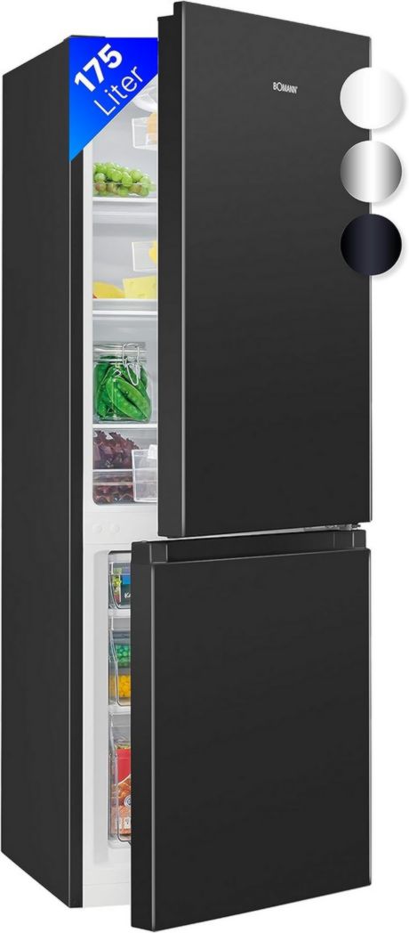 Frigorífico y congelador Bomann KG322-1-black de 175 litros, color negro, Capacidad neta: 175 litros, Control de temperatura continuo, Bisagras de puerta a la derecha, Intercambiables, Patas ajustables