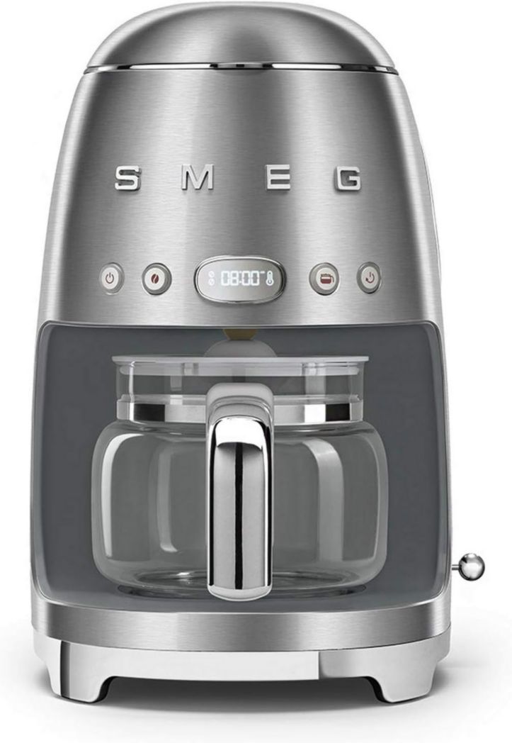 Smeg, DCF02PBEU, cafetera de filtro, aroma y arranque automático, jarra de cristal para hasta 12 tazas, 2 niveles de intensidad, función para mantener caliente, 1050 W, azul claro pastel