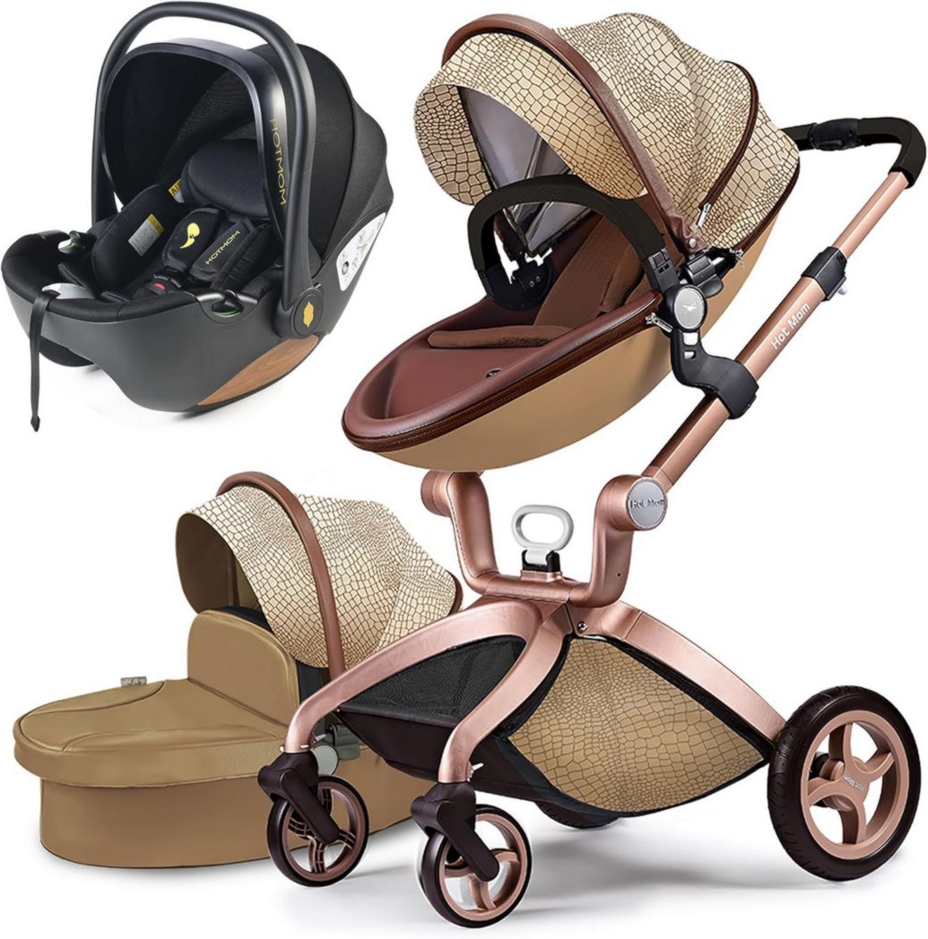Cochecito clásico Hot Mom Combi 3 en 1, conjunto completo, estructura de aluminio, neumáticos de goma maciza, protector de lluvia y mosquitera, modelo F22 (negro-3, con asiento para auto)