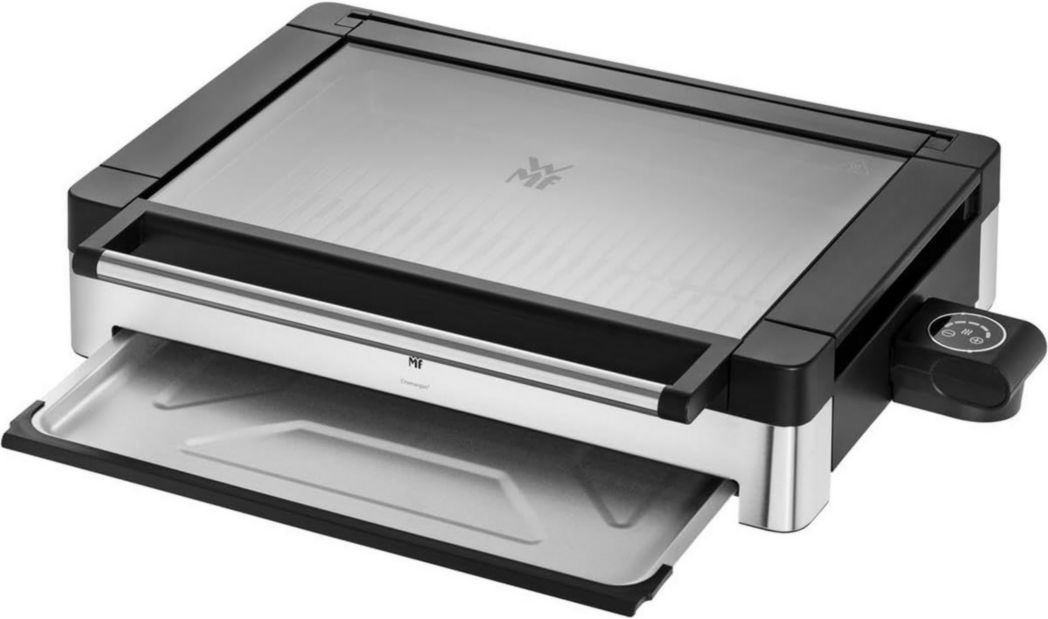 Barbacoa eléctrica de sobremesa WMF Lono, acero inoxidable mate, con tapa de cristal, 2200 W, placa de cocción revestida