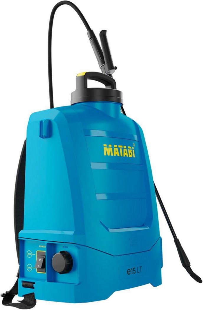 Pulverizador eléctrico Matabi e15 LT - Batería de ion de litio extraíble - Capacidad de hasta 150 L - Diseño compacto y ligero - Correas acolchadas - Depósito ergonómico - Boquillas incluidas - Fabricado en la UE
