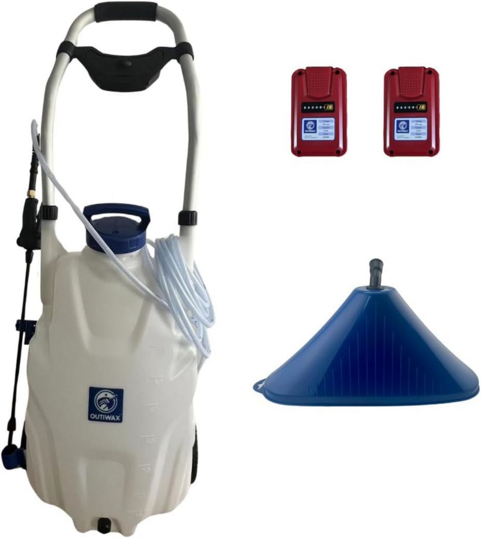 Pulverizador eléctrico OUTIWAX Pro - 2 baterías + campana pulverizadora - Alcance de pulverización de hasta 10 m a 13 m - Capacidad de 35 L - 4 boquillas de pulverización - Pulverizador eléctrico de techo de largo alcance