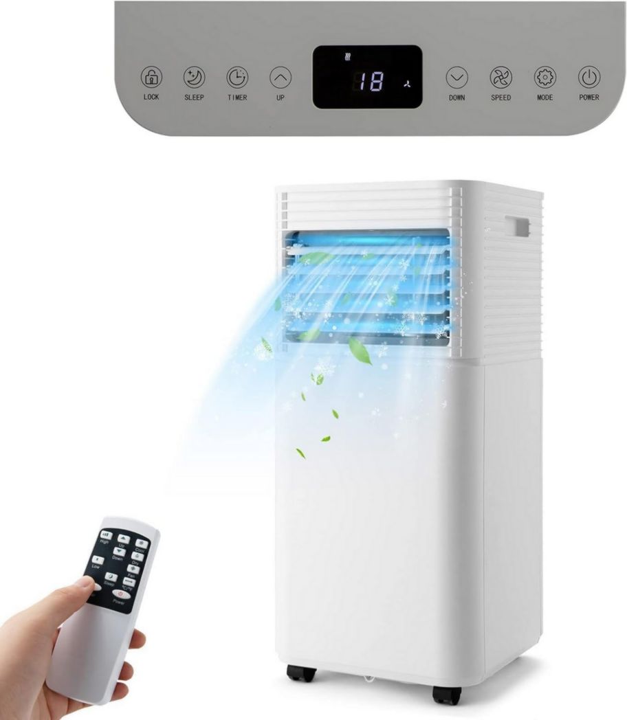 Aire acondicionado portátil GOPLUS 9000 BTU 2,6 kW, 4 en 1: refrigeración, deshumidificación, ventilador, modo nocturno, temporizador de 24 horas, control remoto/pantalla, 20 m², negro, R290