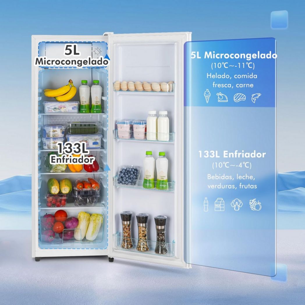 Frigorífico CURECURE con microcongelador, capacidad de 138 L, compartimento frigorífico de 133 L, compartimento congelador de 5 L, 4 estantes de cristal, cajón para verduras, control de temperatura, función de enfriamiento rápido.