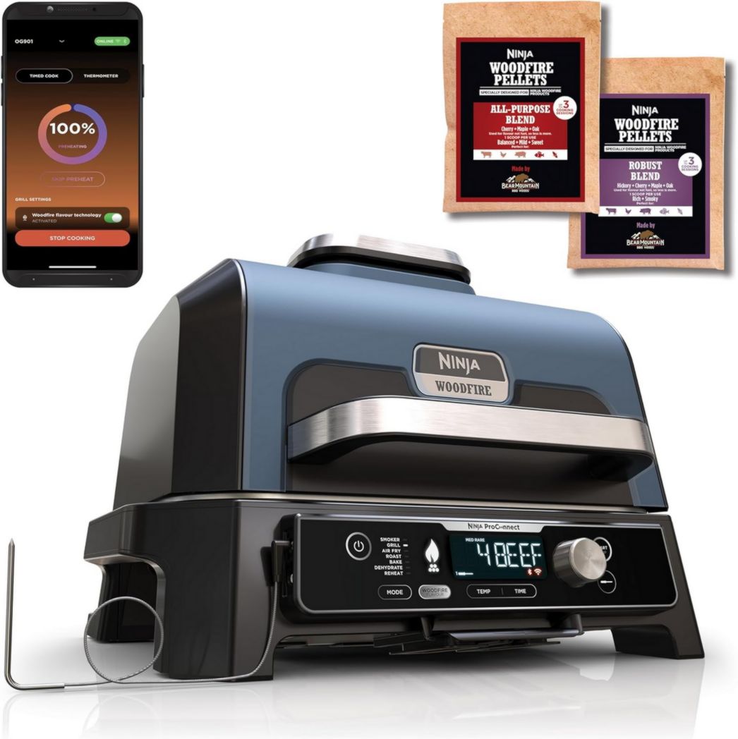 Barbacoa y ahumador eléctrico Ninja Woodfire Pro XL con termómetro, parrilla y freidora de aire 4 en 1 para exteriores con sistema de cocción inteligente y pellets de madera, portátil, gris/negro, OG850EU