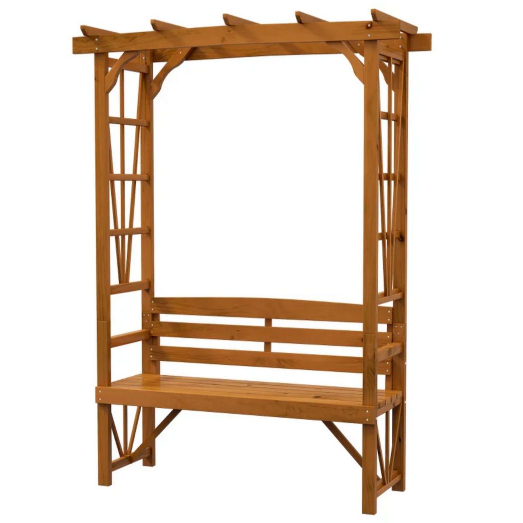 Banco de patio de madera, banco de exterior para plantas trepadoras, marrón