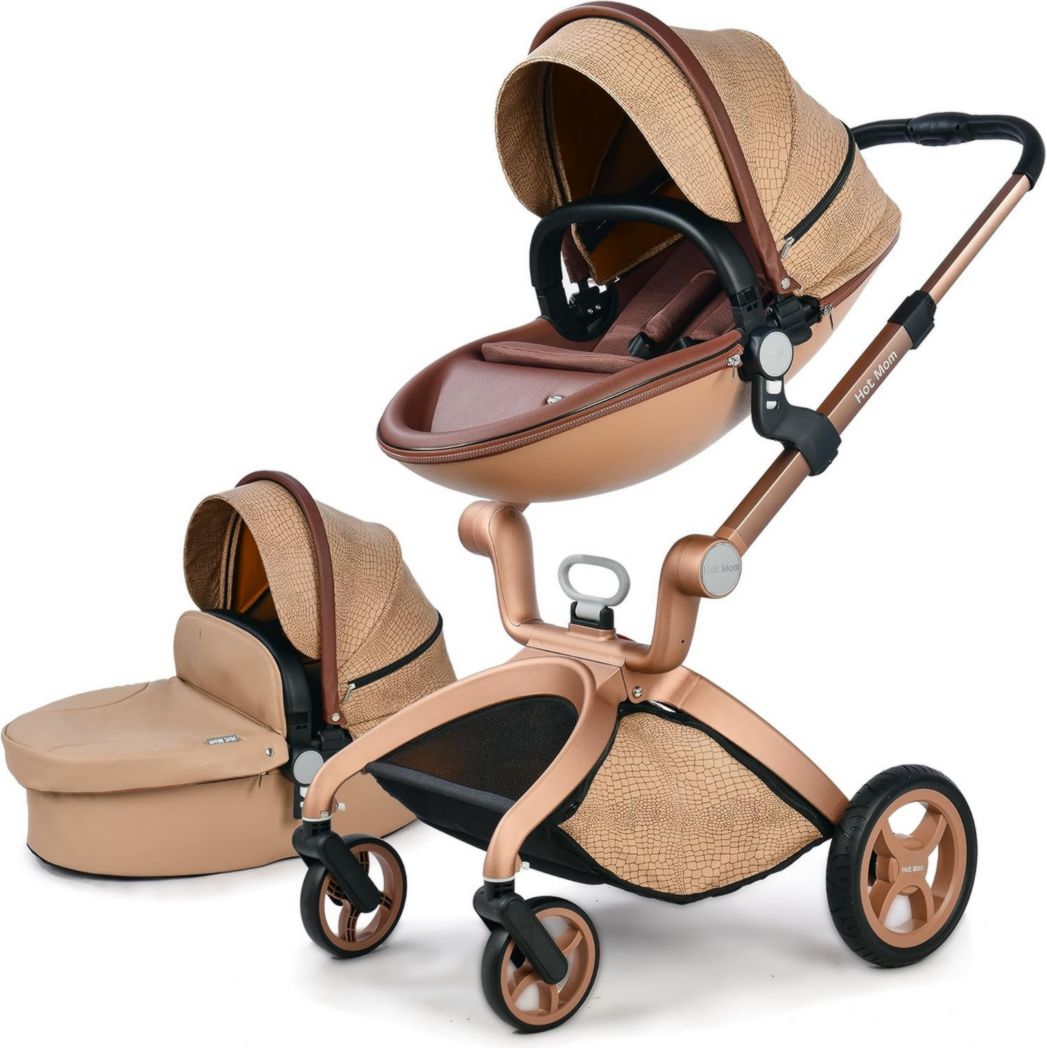Cochecito clásico Hot Mom Combi 3 en 1, conjunto completo, estructura de aluminio, neumáticos de goma maciza, protector de lluvia y mosquitera, modelo F22 (negro-3, con asiento para auto)