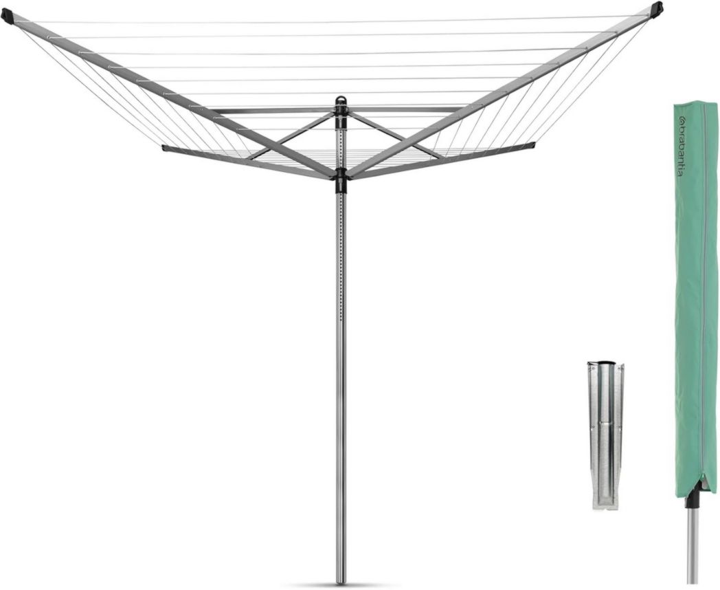Brabantia - Tendedero Lift-O-Matic - Tendedero de exterior - Antideslizante - Resistente a los rayos UV, 60 m - Rotación suave - Cómodo - Estaca metálica para el suelo - Gris metalizado - 295 cm