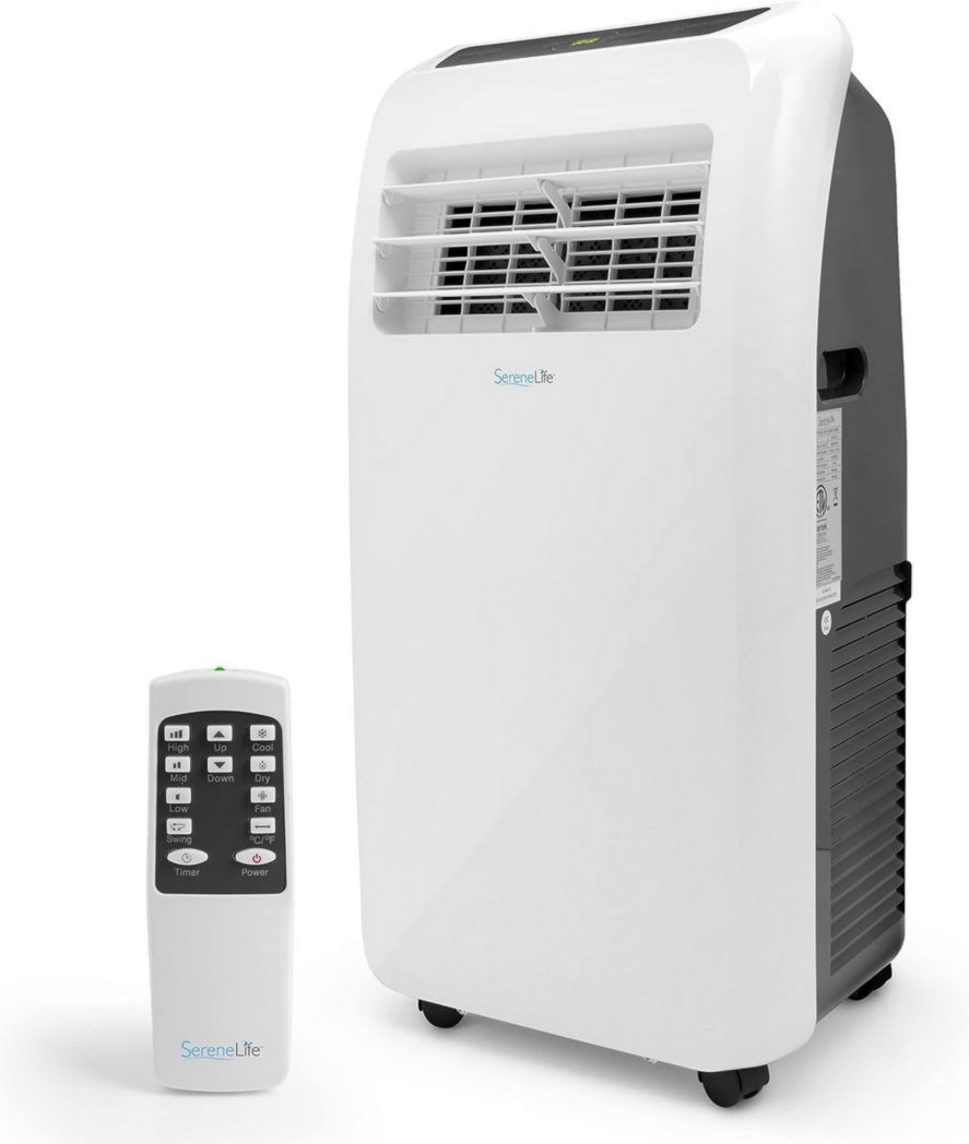Aire acondicionado portátil silencioso SereneLife, 9000 BTU, 3 en 1, con deshumidificador integrado, modo ventilador, control remoto y kit completo de ventilación de ventana, color blanco