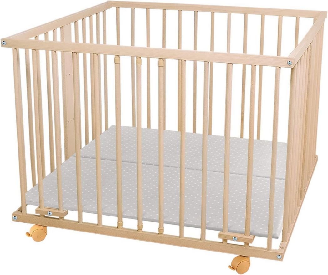 WALDIN - Parque infantil - aprox. 100 x 100 cm, madera maciza de haya, altura regulable, 2 modelos a elegir, madera natural sin tratar, tejido de lunares blanco/gris