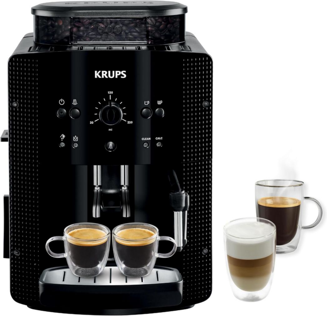 Cafetera Krups de grano a taza, 1,7 L, 2 tazas simultáneamente, limpieza automática, boquilla de vapor para capuchino, cafetera espresso, Essential Black YY8125FD, color negro