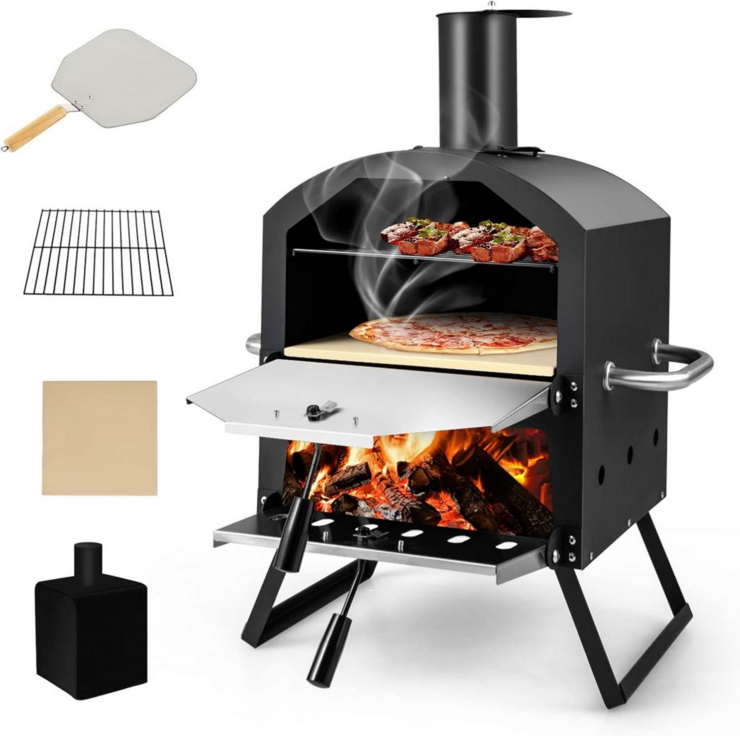 Mini horno de pizza para exteriores GYMAX, horno de leña con piedra para pizza, pala, patas plegables y asas de transporte, ventiladores ajustables y funda impermeable.