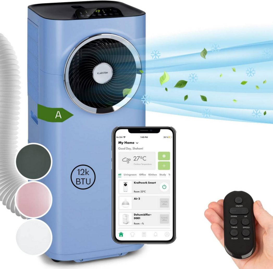 Aire acondicionado portátil silencioso Klarstein, 5 en 1, mini, purificador y eliminador de olores, modo nocturno, deshumidificador, bajo consumo, 10 000 BTU.