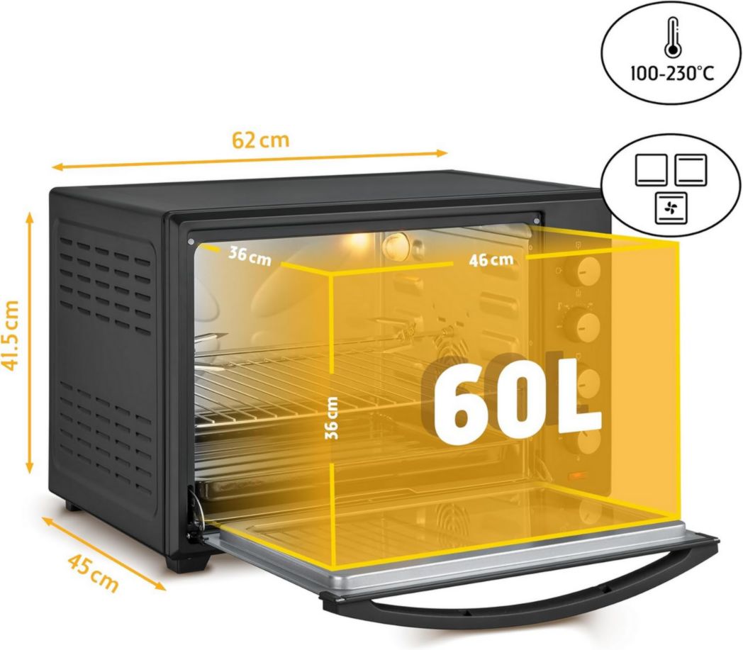 TZS First Austria Mini Horno 60 l | 2000 W | Convección + Asador | 4 resistencias | Rango de temperatura hasta 230 °C | Temporizador de 60 min | Acero inoxidable | Negro