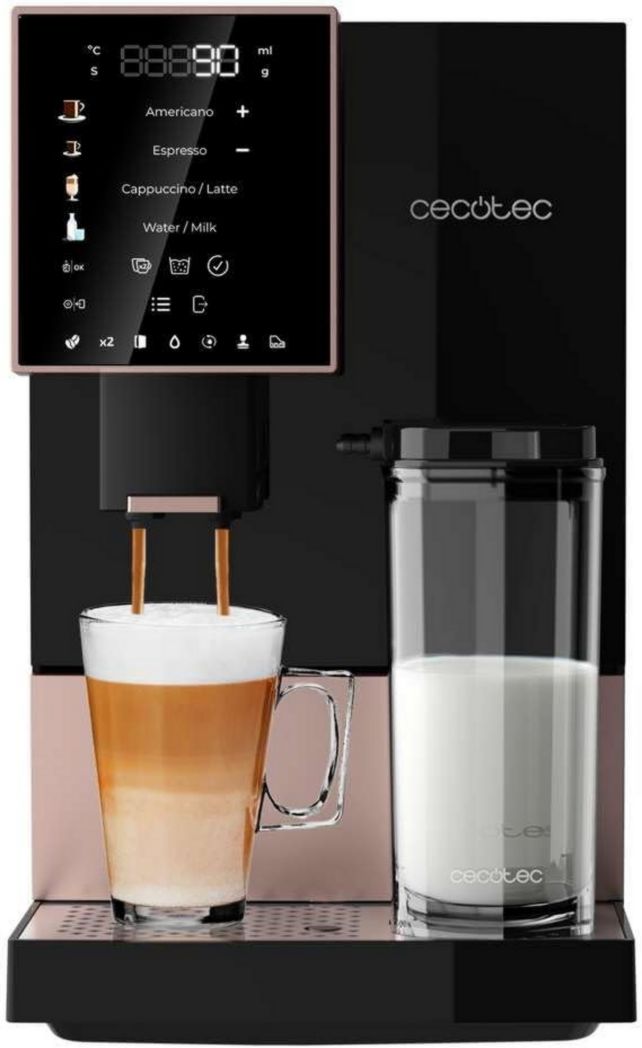 Cafetera superautomática Cecotec Cremmaet Compactccino Black Rose, 19 bares, depósito de leche, sistema Thermoblock, 5 niveles de molido, tolva de café en grano de 150 g