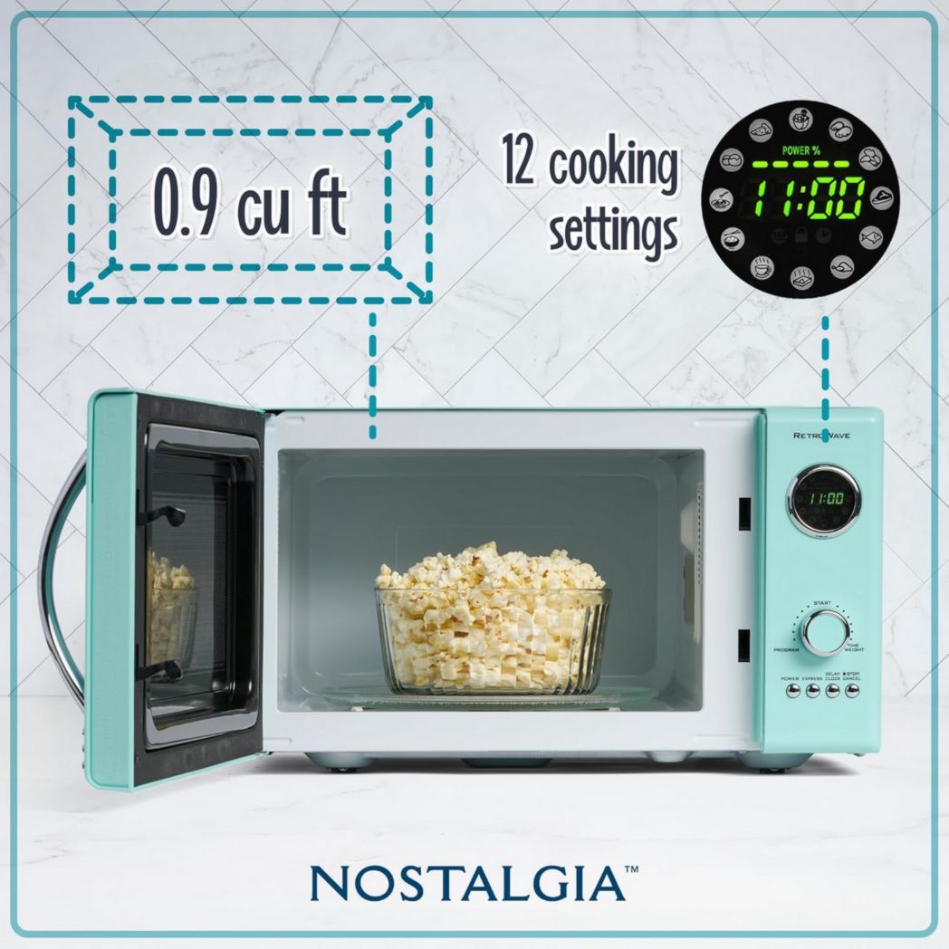Horno microondas de encimera estilo retro nostalgia - Tamaño completo, 800 vatios, 25,4 L, 12 configuraciones de cocción predefinidas, reloj digital, electrodomésticos de cocina, color rojo