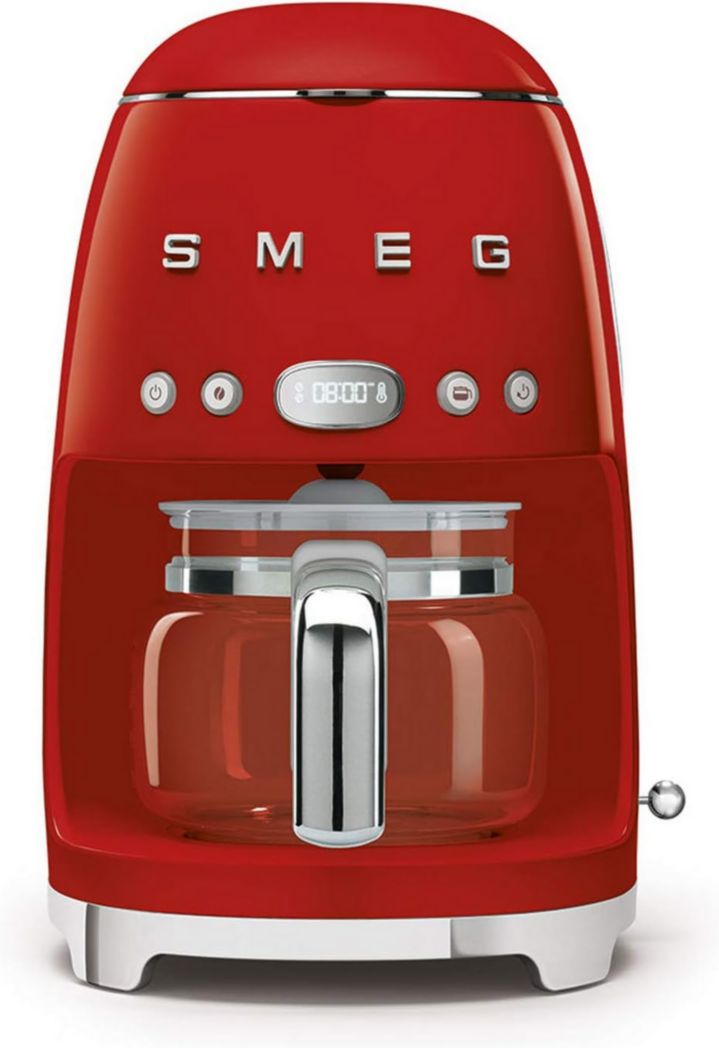 Smeg, DCF02PBEU, cafetera de filtro, aroma y arranque automático, jarra de cristal para hasta 12 tazas, 2 niveles de intensidad, función para mantener caliente, 1050 W, azul claro pastel