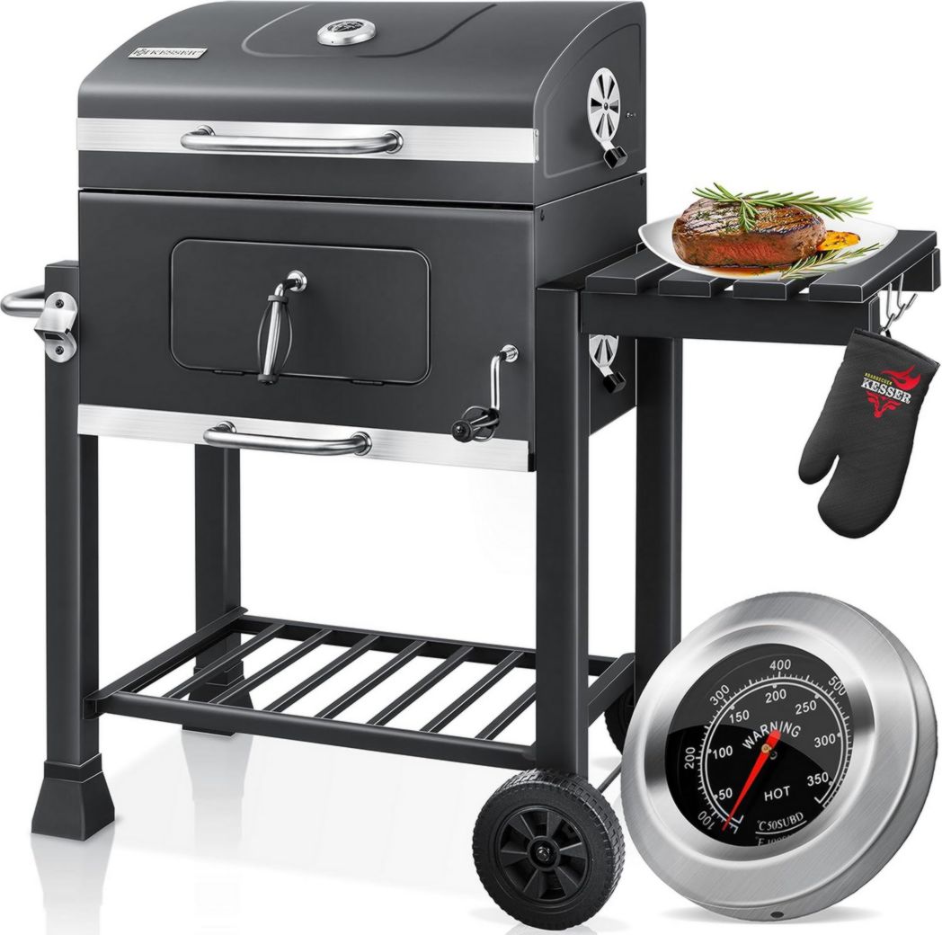 Carrito para barbacoa KESSER™ | Barbacoa de carbón XL con tapa, ruedas, asa de acero inoxidable, parrilla y termómetro | Barbacoa de carbón grande