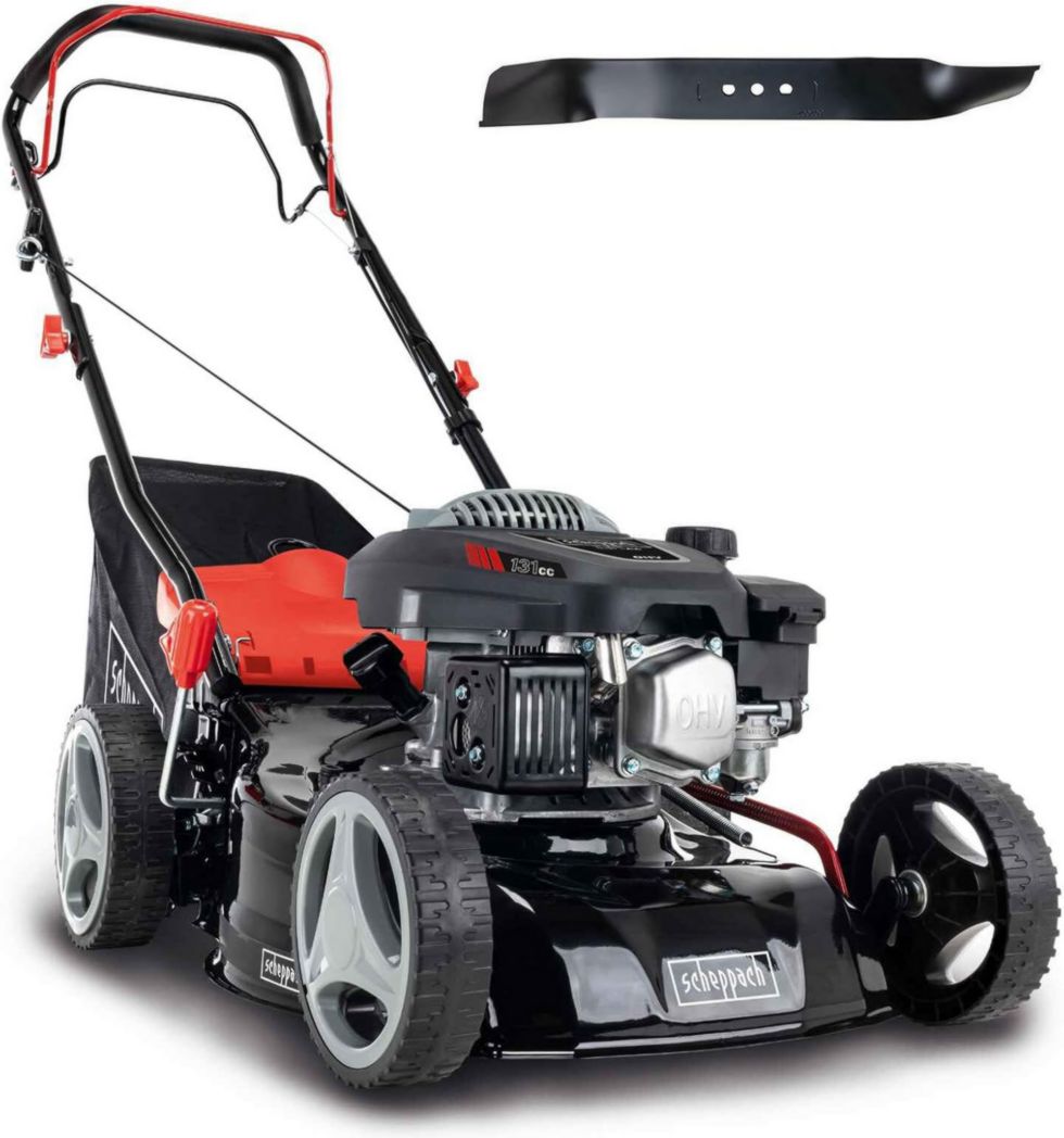 Cortacésped de gasolina Scheppach MS132-42 | 3,4 CV | Ancho de corte de 42 cm | Robusto | Función mulching | Recogedor de césped de 45 L | Ajuste de altura de corte de 7 niveles (25-75 mm)
