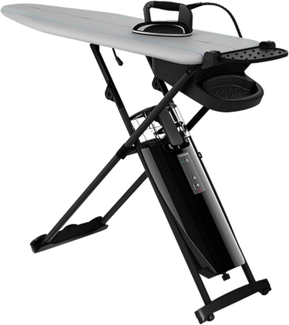 Sistema de planchado Laurastar Smart M con generador de vapor profesional y tabla activa, vapor higiénico, suela 3D, vapor pulsado, ajuste de temperatura único, ruedas, depósito de agua extraíble.