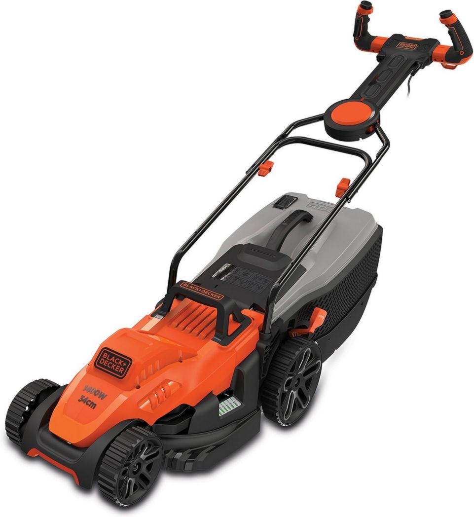 Cortacésped con cable BLACK+DECKER de 1600 W, eléctrico de 38 cm, 6 alturas ajustables (20, 30, 40, 50, 60 y 70 mm), con mango EASYSTEER de 3 posiciones, BEMW471ES-QS naranja