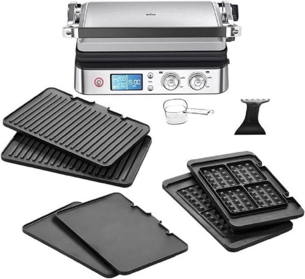 Braun MultiGrill 9 CG 9047, plancha eléctrica para paninis con placas de cocción, gofrera, 2 termostatos independientes, 3 posiciones de cocción, placas aptas para lavavajillas, 2000 W, acero inoxidable/negro