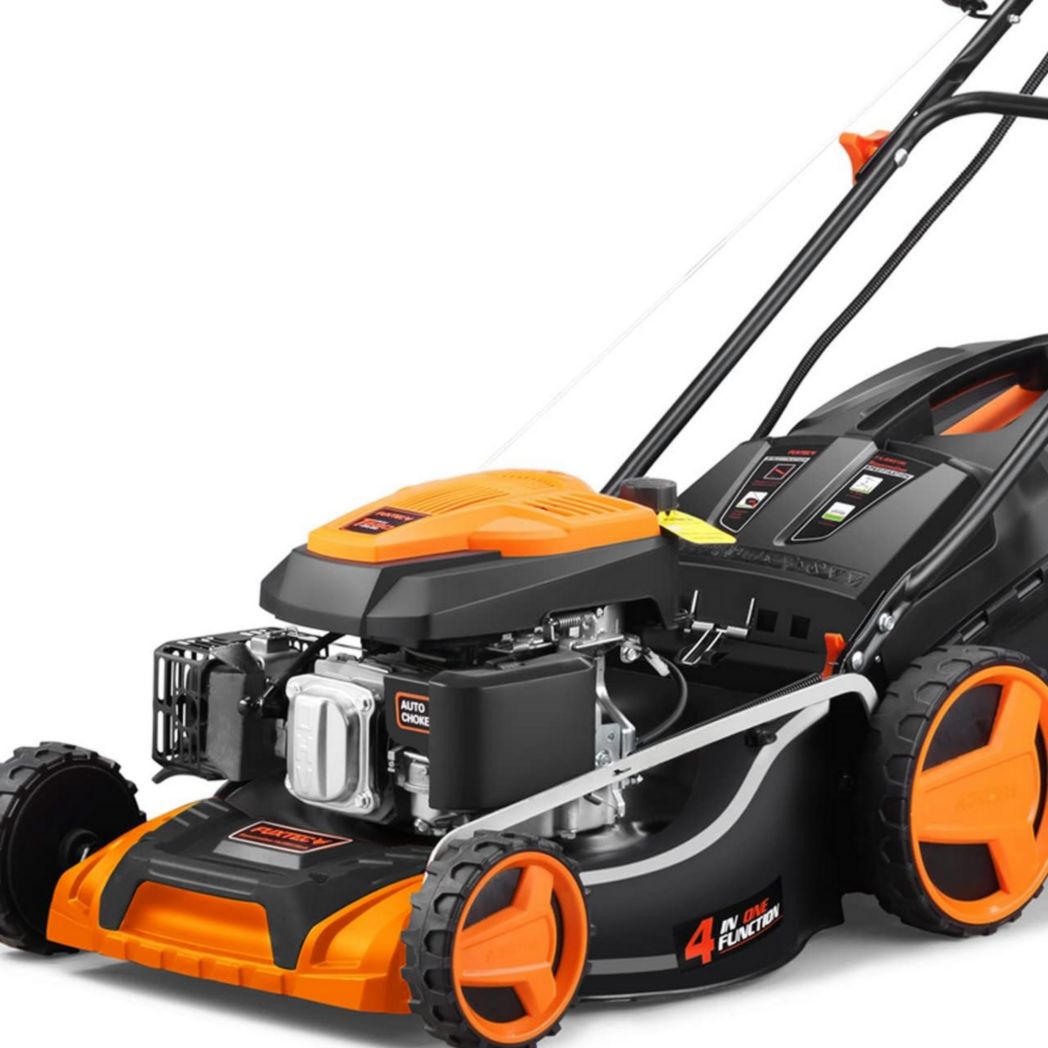 Cortacésped autopropulsado de gasolina FUXTEC FX-RM5170eS, arranque eléctrico, ancho de corte de 10 cm, 170 cc, 4 HP | 4 tiempos | ancho de corte de 51 cm, 7 posiciones de altura de corte, recolector de césped de 60 L, función de mulching, descarga l