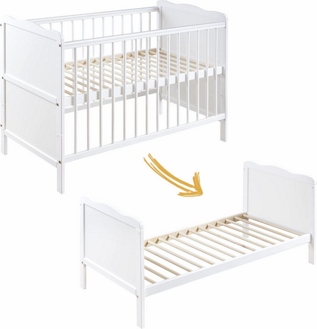 Cuna de bebé MOLTICO estilo moto de 60 x 120 cm con cajón – Cuna de madera regulable en altura, convertible en cama infantil con barandillas de seguridad – Cuna para niñas y niños