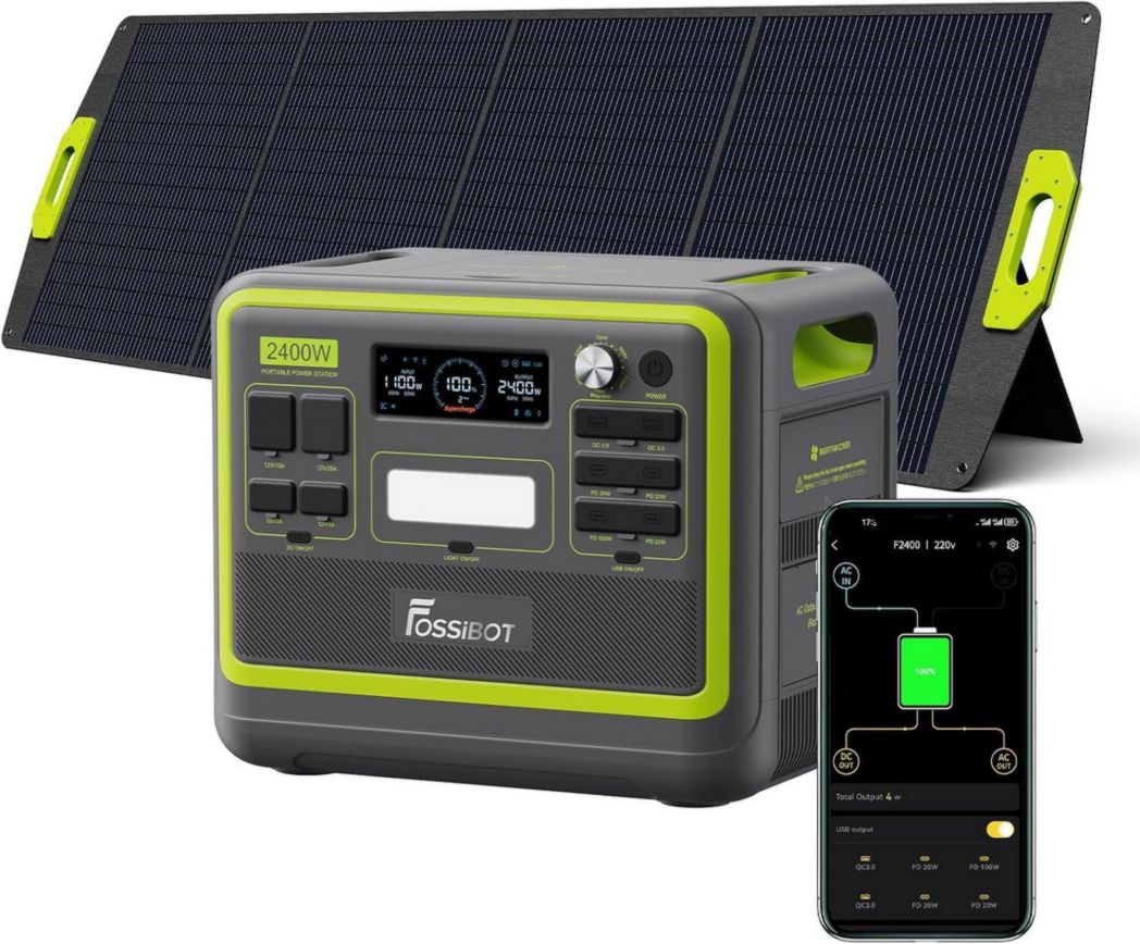 Estación de energía de CA portátil FOSSiBOT F2400 de 2400 W (pico de 4800 W), estación de energía solar LiFePO4 de 2048 Wh, generador inversor para energía de respaldo en campamentos domésticos.