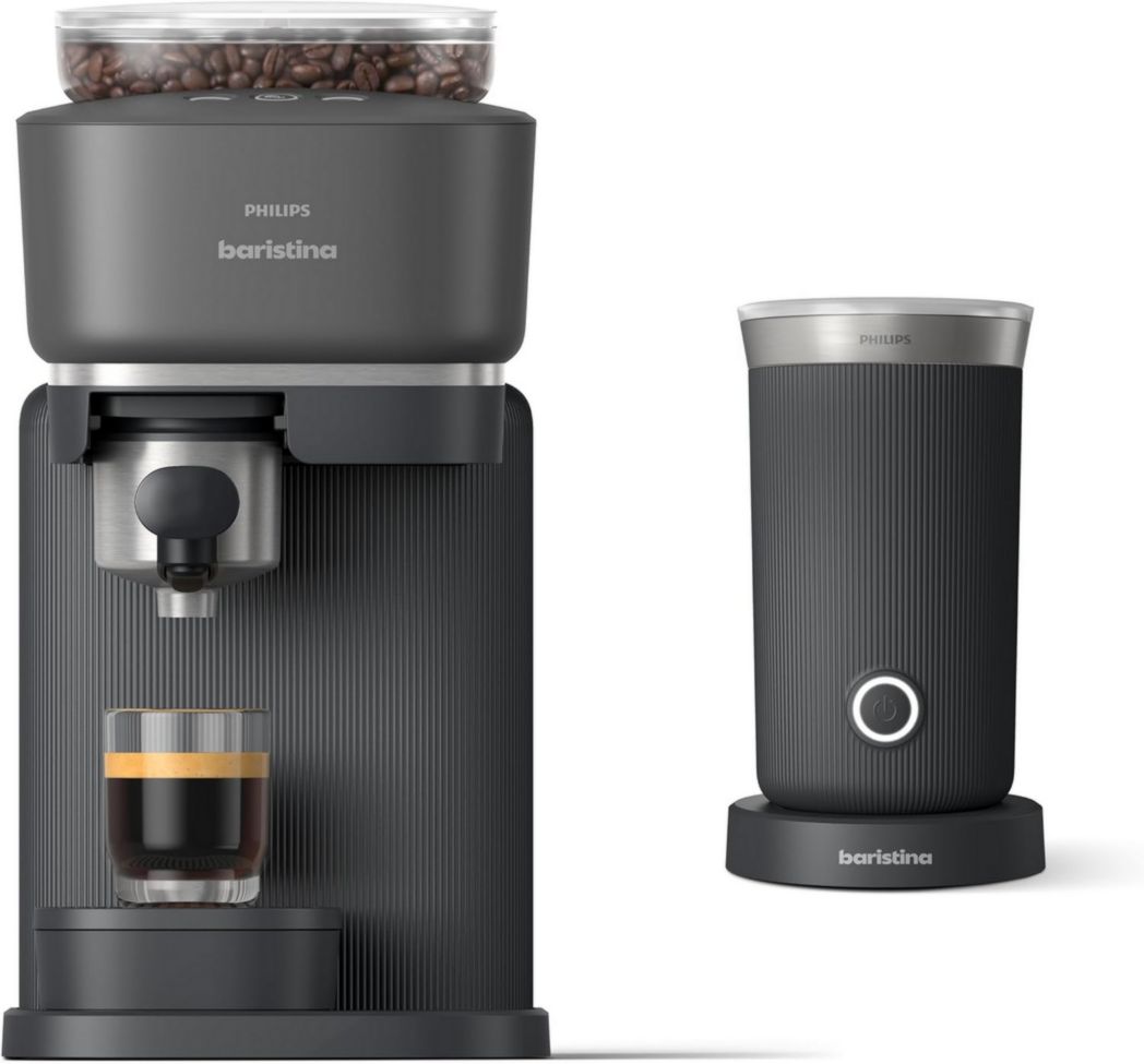 Cafetera espresso Philips Baristina - Un auténtico espresso, simplificado - Compacta - 16 bares de presión - Molinillo integrado - Máquina blanca con portafiltro blanco (BAR300/00)