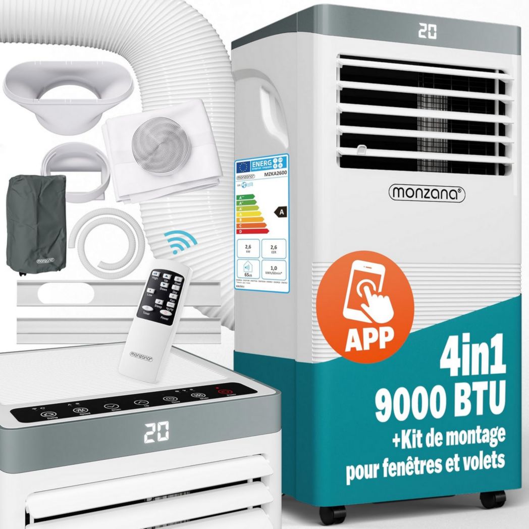 Aire acondicionado portátil Monzana MZKA1000 4 en 1, enfriador de aire, 9000 BTU/h, deshumidificador, ventilador, aplicación Wi-Fi de Alexa