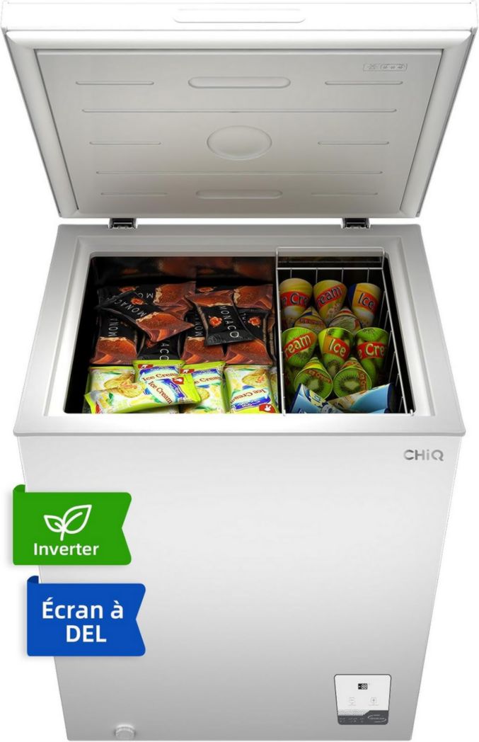 Congelador horizontal CHIQ de 142 l, 63,5 x 55,6 x 83,5 cm, con inversor, pantalla de temperatura externa, congelación rápida a -32 °C, rejilla metálica, bajo nivel de ruido.