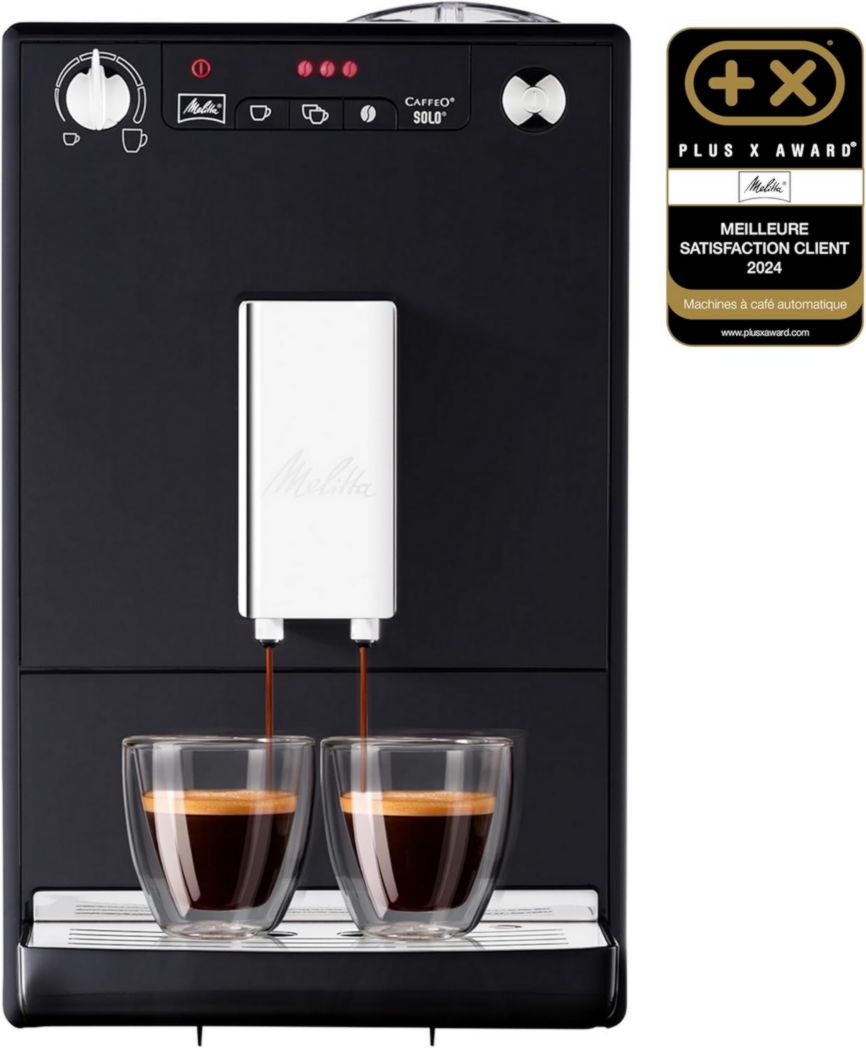 Melitta Caffeo Solo Noir Pure Black, Cafetera de café en grano con molinillo y sistema de extracción de aroma, pantalla LED, modo de 1 a 2 tazas, máquina de espresso, automática, E950-222, 1400 W