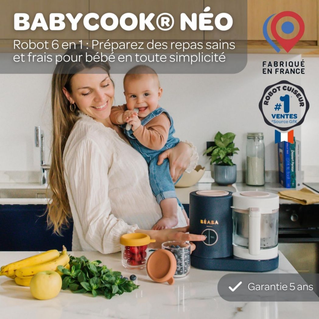 BÉABA Babycook Neo, Licuadora y vaporera 6 en 1, Robot de cocina para bebés fabricado en Francia, Recipiente de vidrio, Olla de acero inoxidable, Gran capacidad, Destete, Comida casera para bebés, Rápida, Eucalipto