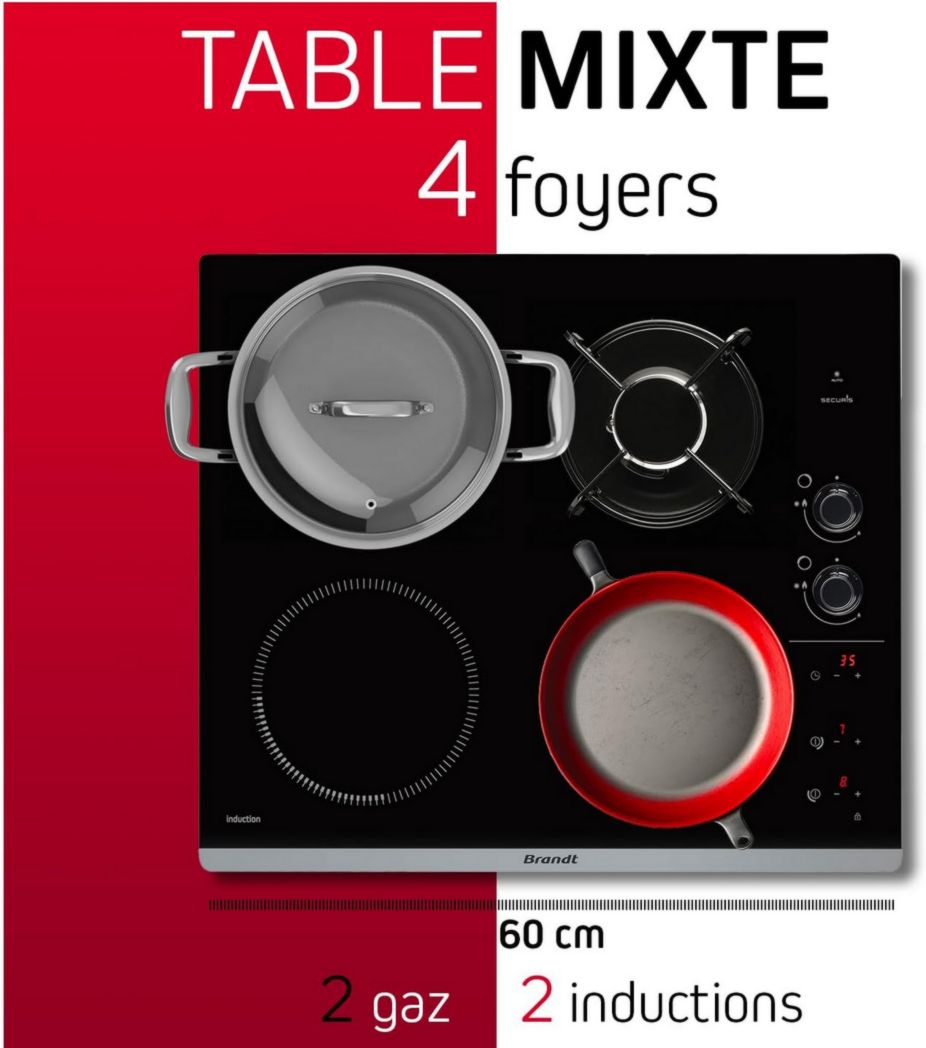 Brandt - BPI6413BM - Placa de inducción y gas - Negra - 4 quemadores - 3400 W eléctricos y 4600 W gas - Dimensiones de encastre: 56 x 49 cm - 9 niveles de potencia por quemador - Fabricado en Francia