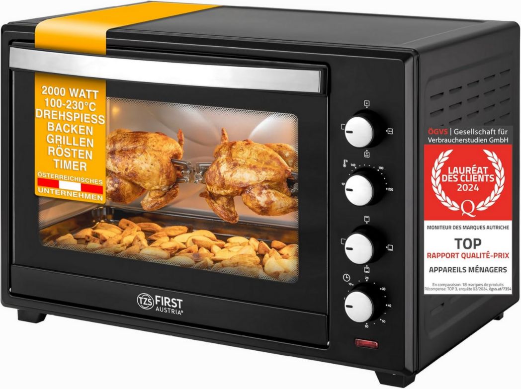 TZS First Austria Mini Horno 60 l | 2000 W | Convección + Asador | 4 resistencias | Rango de temperatura hasta 230 °C | Temporizador de 60 min | Acero inoxidable | Negro