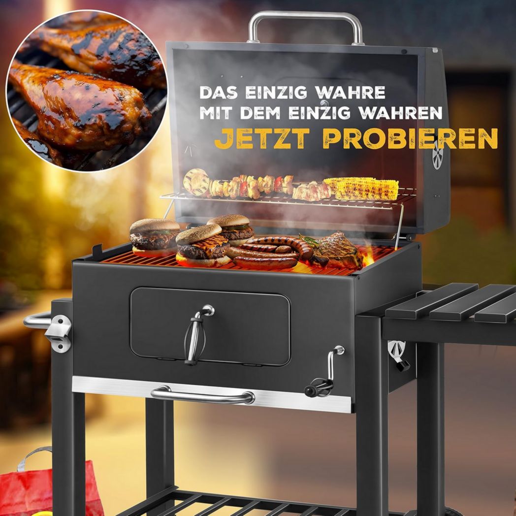 Carrito para barbacoa KESSER™ | Barbacoa de carbón XL con tapa, ruedas, asa de acero inoxidable, parrilla y termómetro | Barbacoa de carbón grande