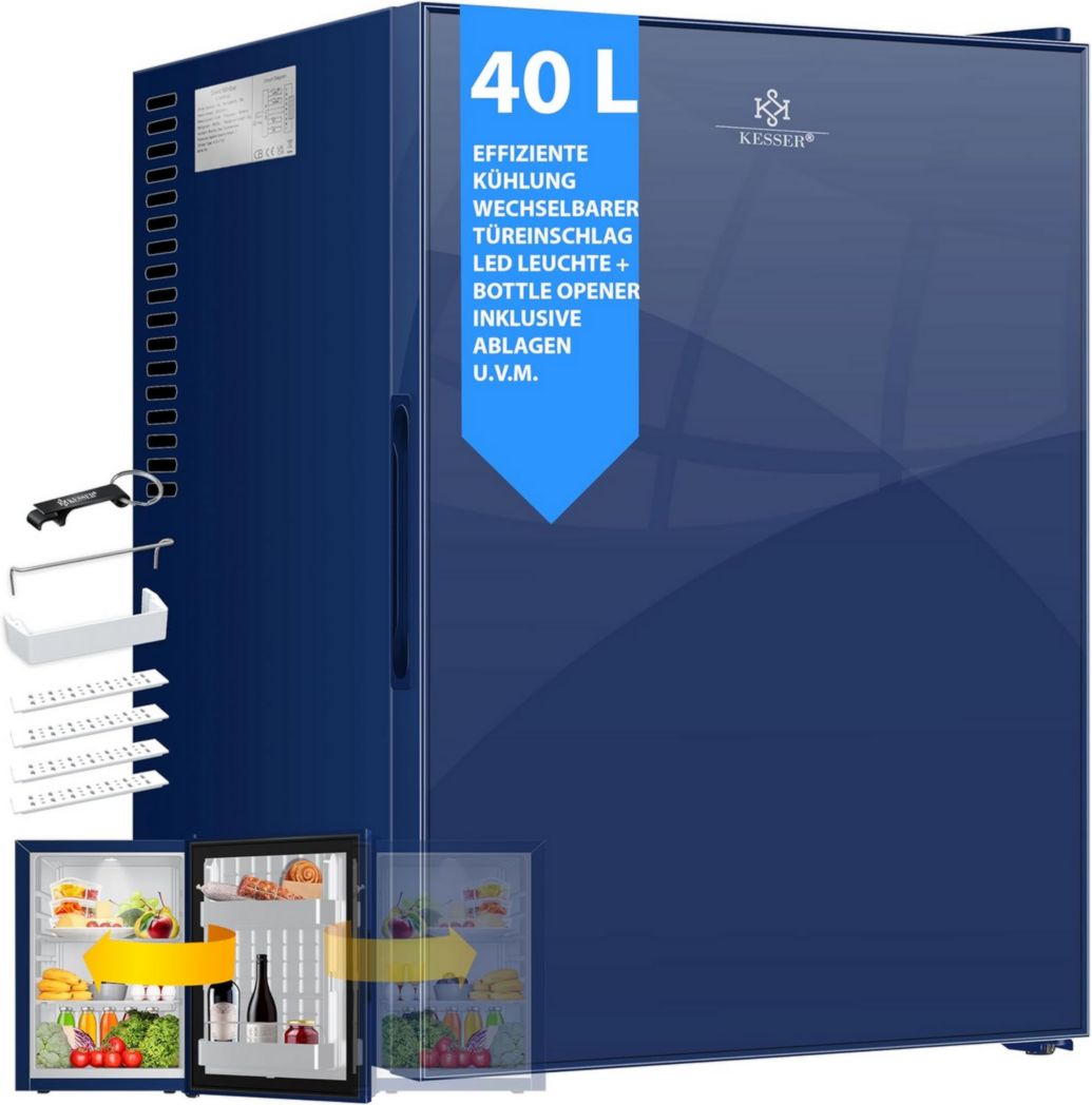 Mininevera KESSER™ con cerradura, minibar de 40 l, silenciosa (22 dB), con cerradura, tope de puerta extraíble, aprox. 4-16 °C, altura 57 cm, luz interior