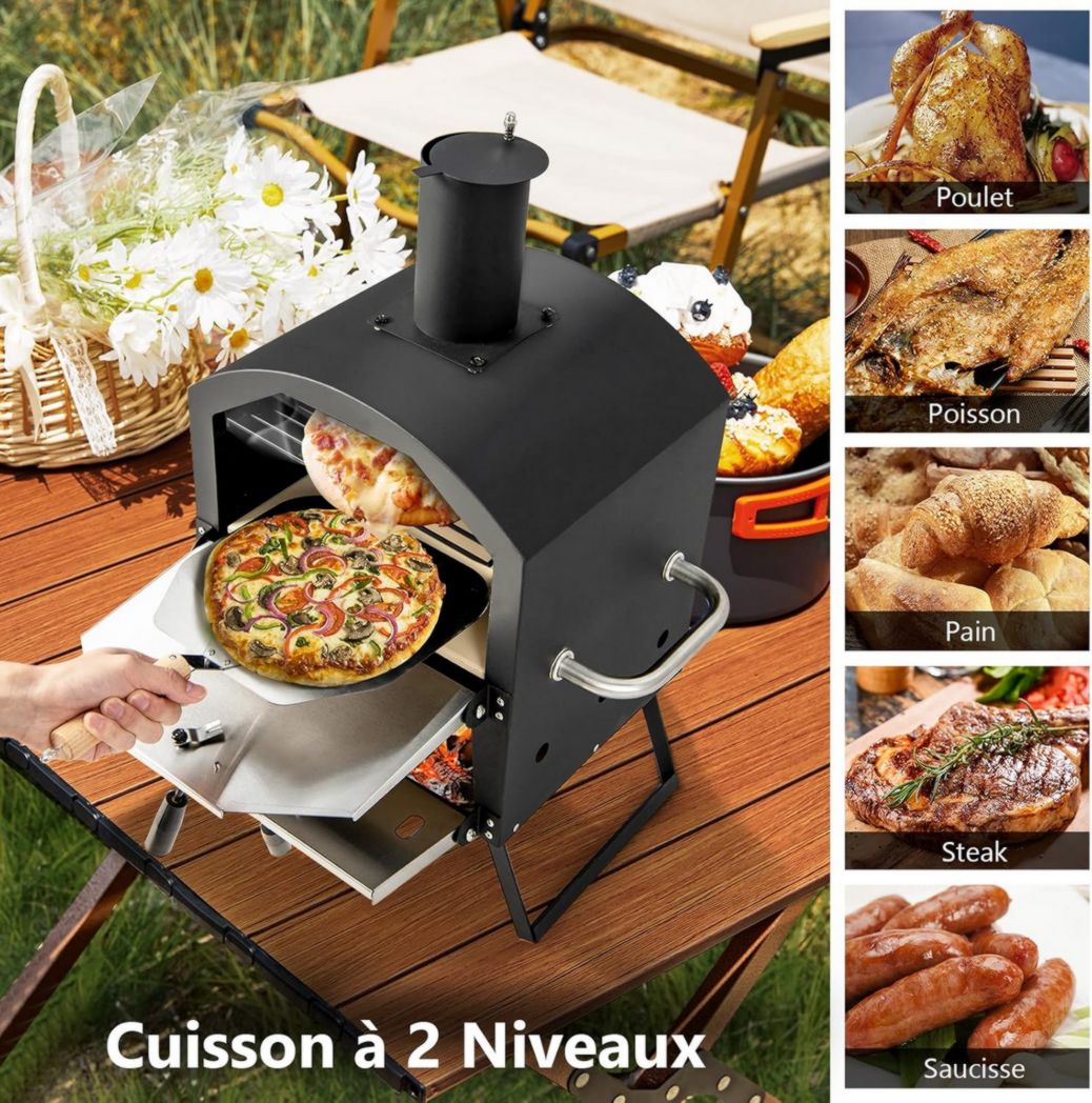 Mini horno de pizza para exteriores GYMAX, horno de leña con piedra para pizza, pala, patas plegables y asas de transporte, ventiladores ajustables y funda impermeable.
